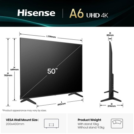 Hisense 50A6Q 50" 4K UHD 2160p TV - Stunning Picture Quality, Sleek Black Design, Immerse Yourself in Entertainment!